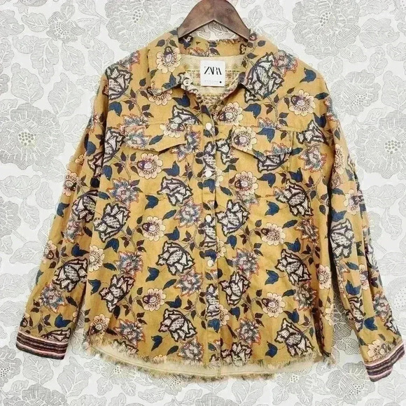 Zara Floral Printed Snap button Women's Shirt Jacket Size M Raw hem - Picture 1 of 9
